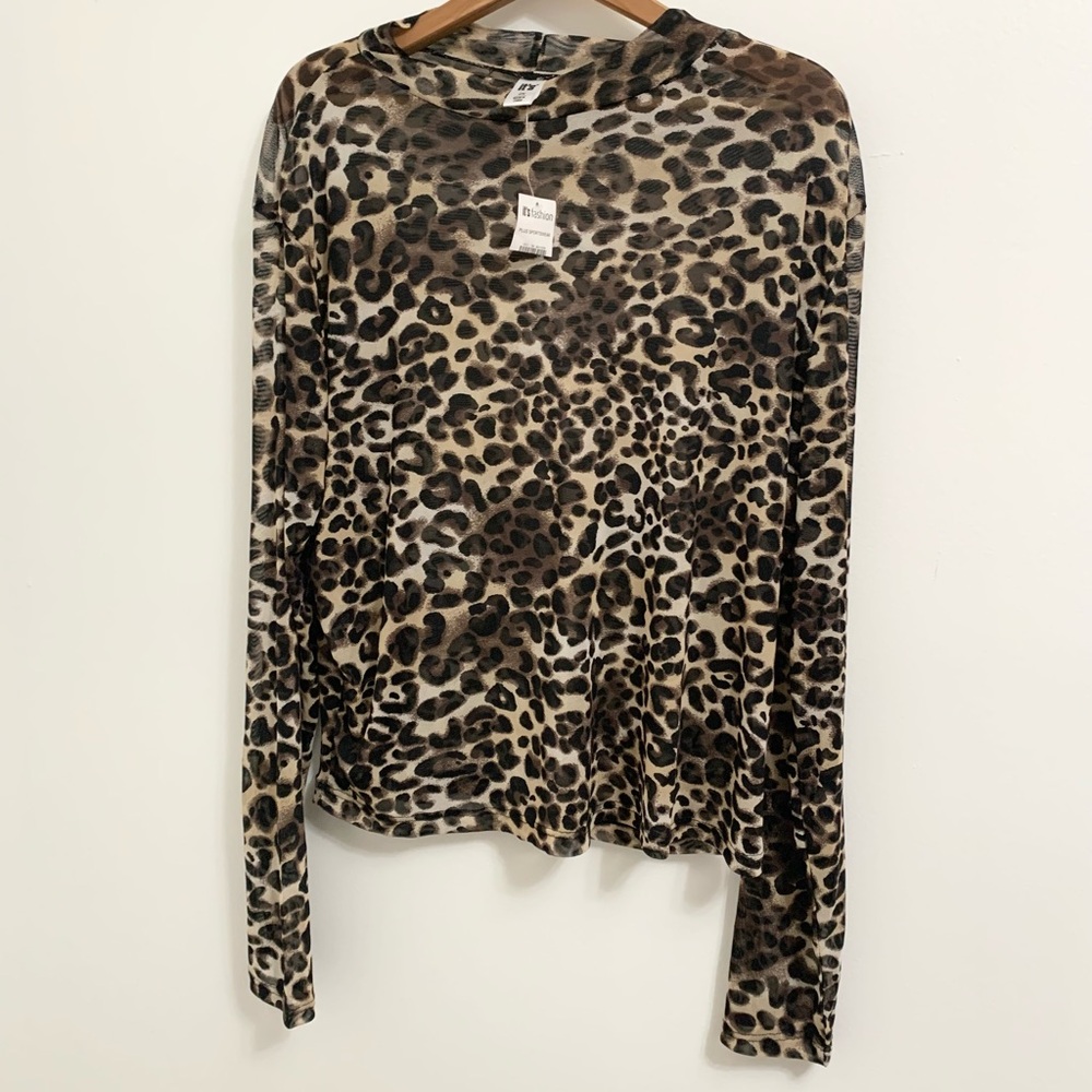Mesh 2X Leopard Kitty Cat Long  Sleeve Shirt Top NEW WOMENS PLUS
